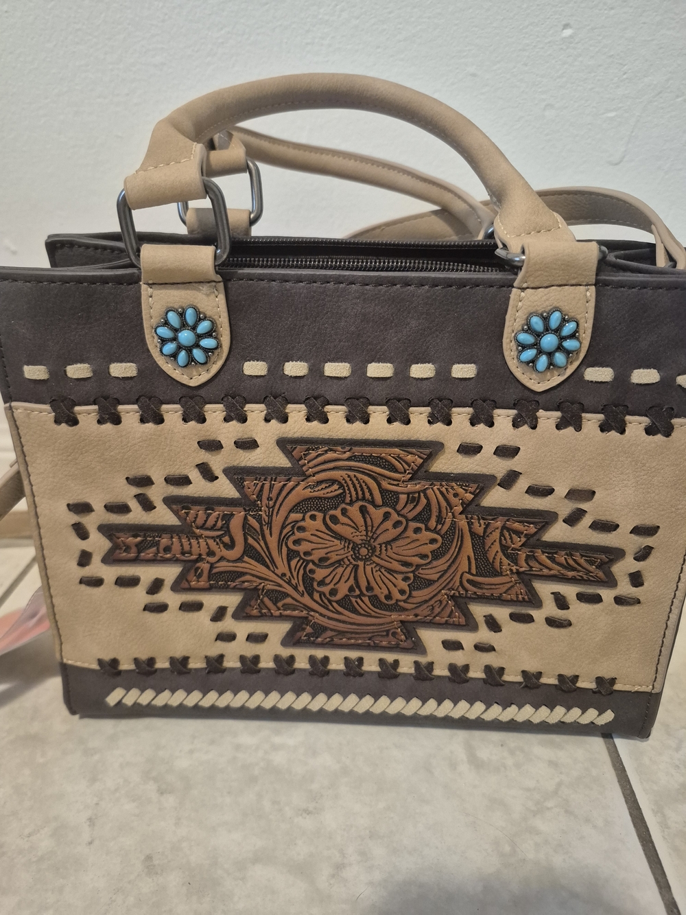 NWT Montana West Tan, Dark Brown & Turquoise Accent Crossbody Satchel